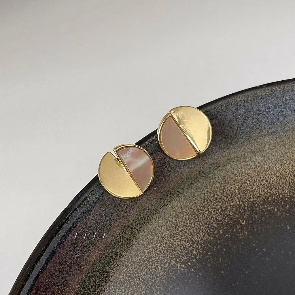 14K Plated Shell Round Stud Earrings Irregular Geometric Copper Jewelry