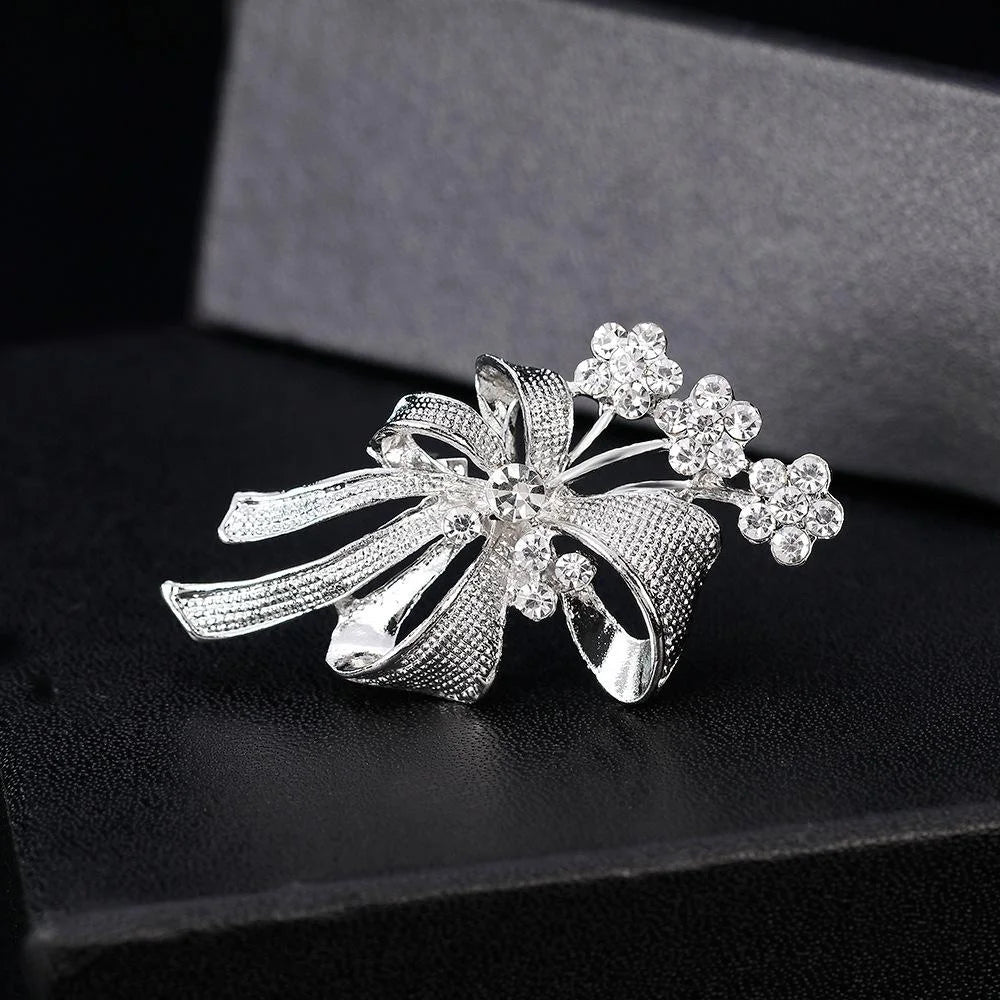 Elegant Silver Alloy Hollow Bow Brooch With Rhinestone Flowers, Women's Lapel Pin Corsage Gift