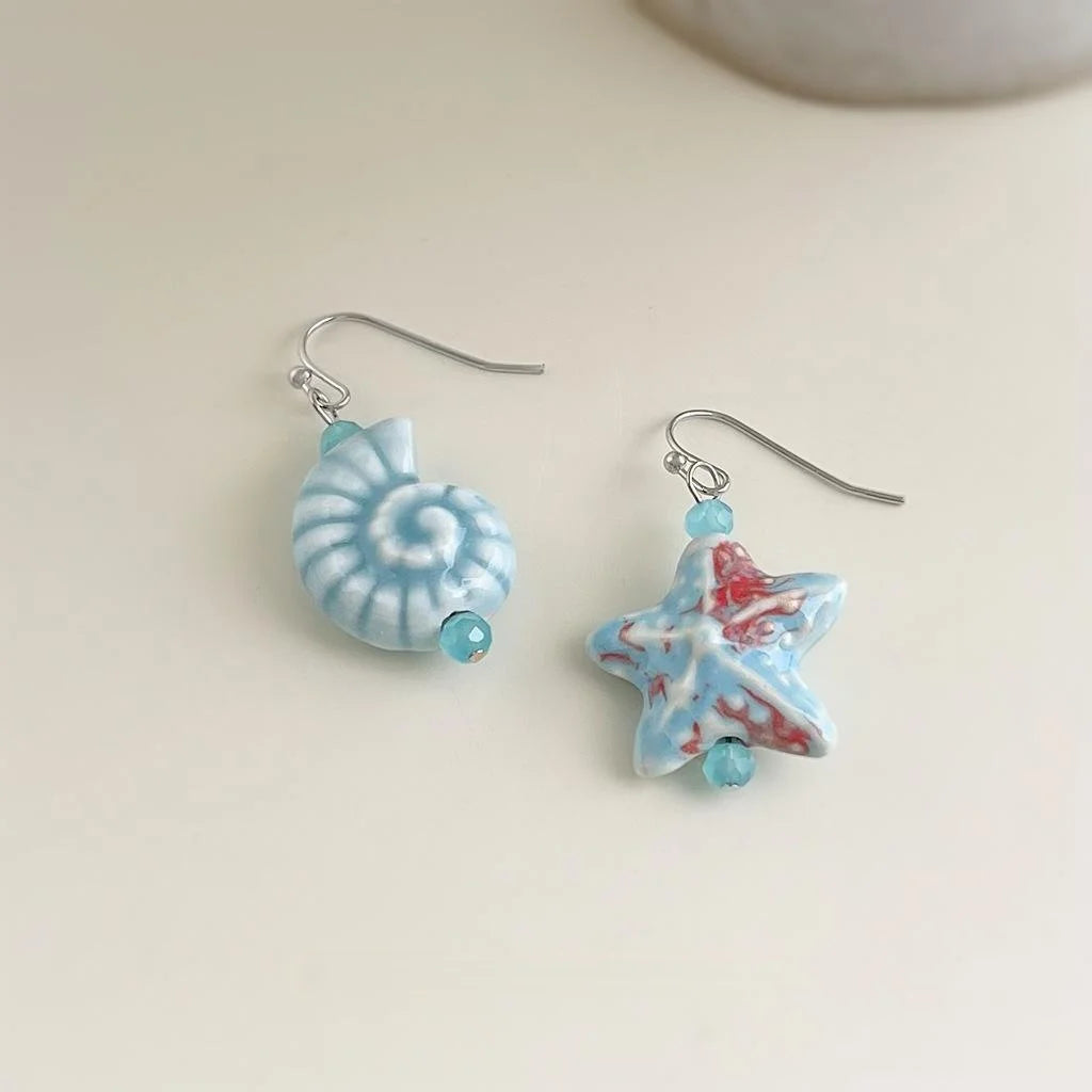 Handmade Ceramic Glass Crystal Conch Starfish Asymmetric Resort Style Drop Earrings
