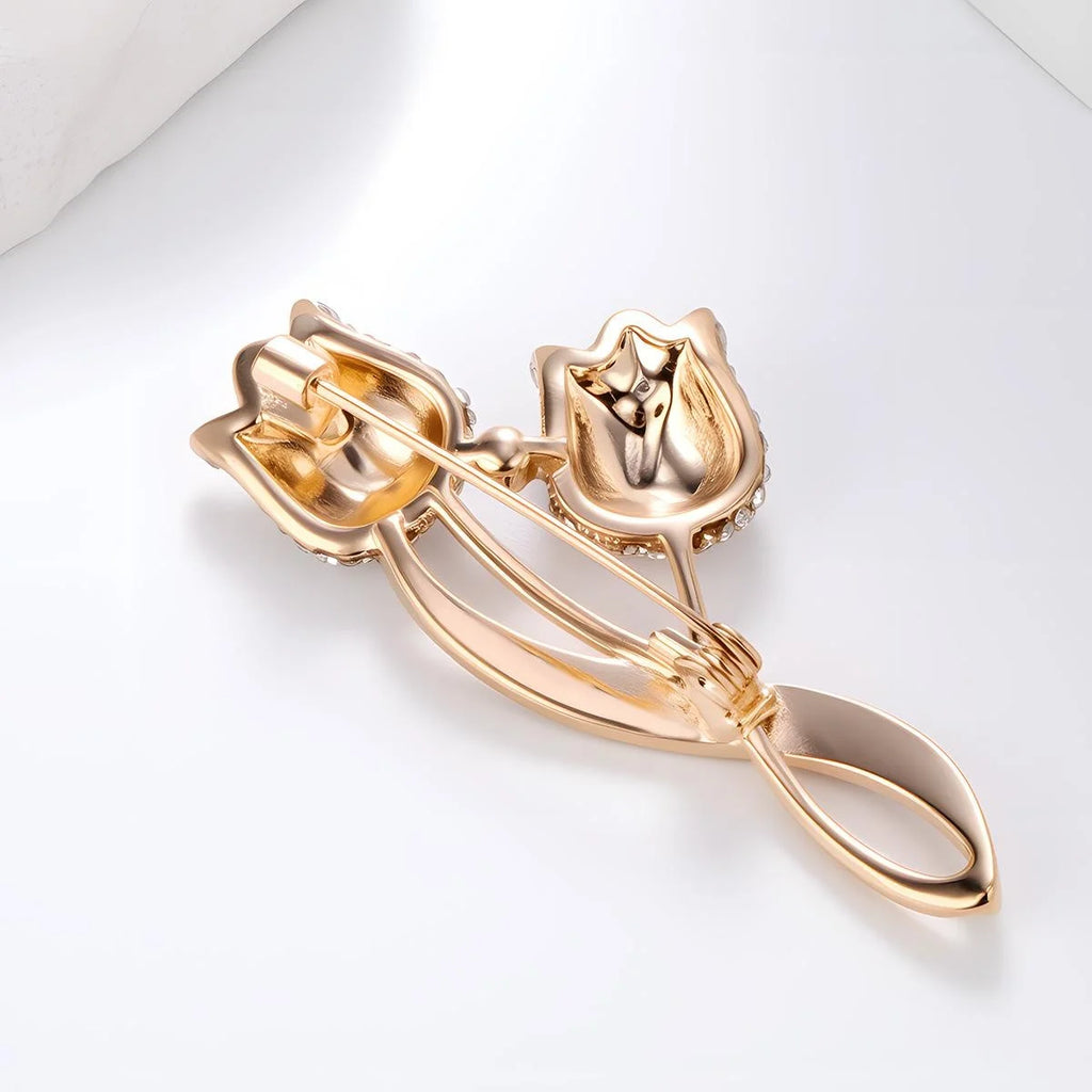 Elegant Rhinestone Tulip Flower Brooch For Women, Rose Gold Alloy Lapel Pin Corsage Suit Accessory Gift