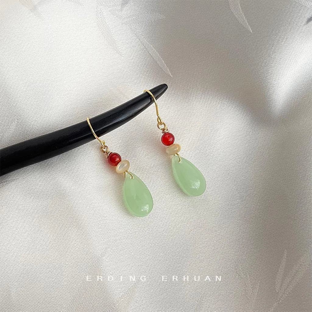 Handmade New Chinese Style Teardrop Glass Red Agate Shell Drop Earrings For Women
