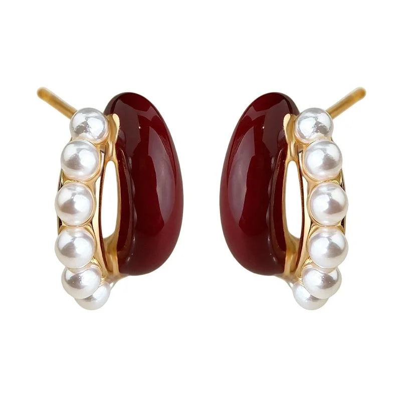 Light Luxury Vintage Burgundy Enamel Pearl Drop Earrings Copper Hepburn Style Jewelry