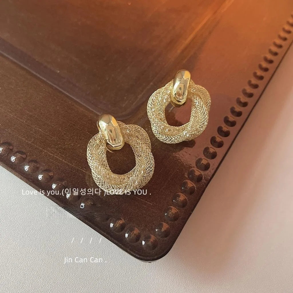 French Luxury Geometric Twist Zircon 14K Plated Copper Stud Earrings For Women
