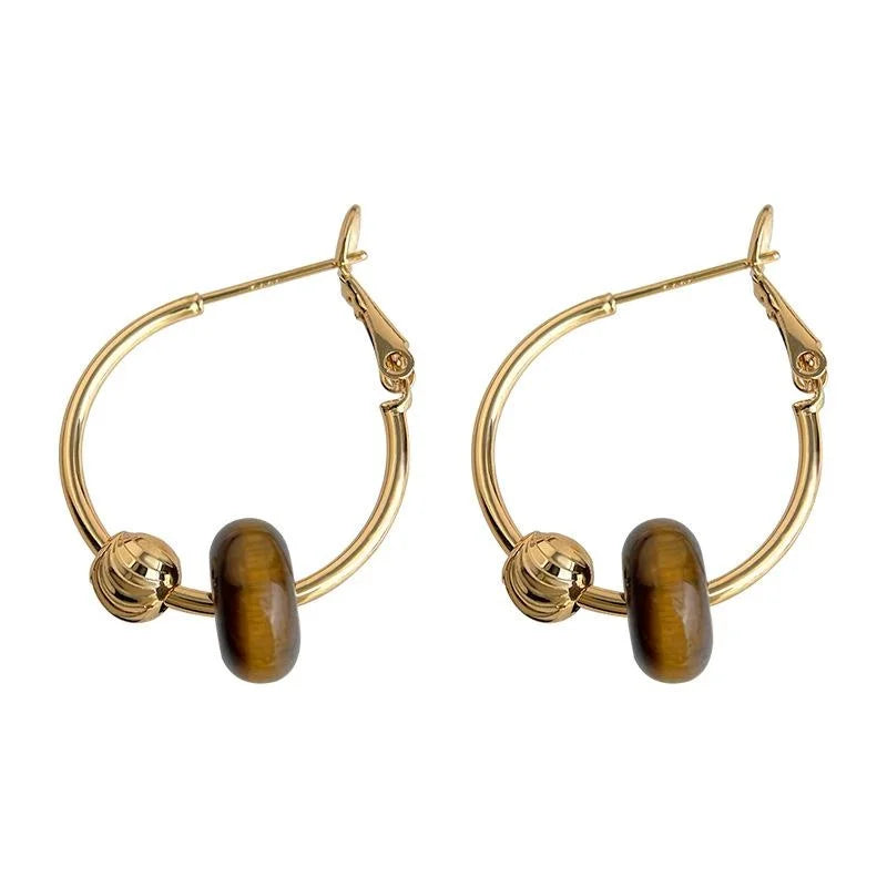 Vintage Tiger Eye Stone Copper Hoop Earrings Geometric Round Line Design