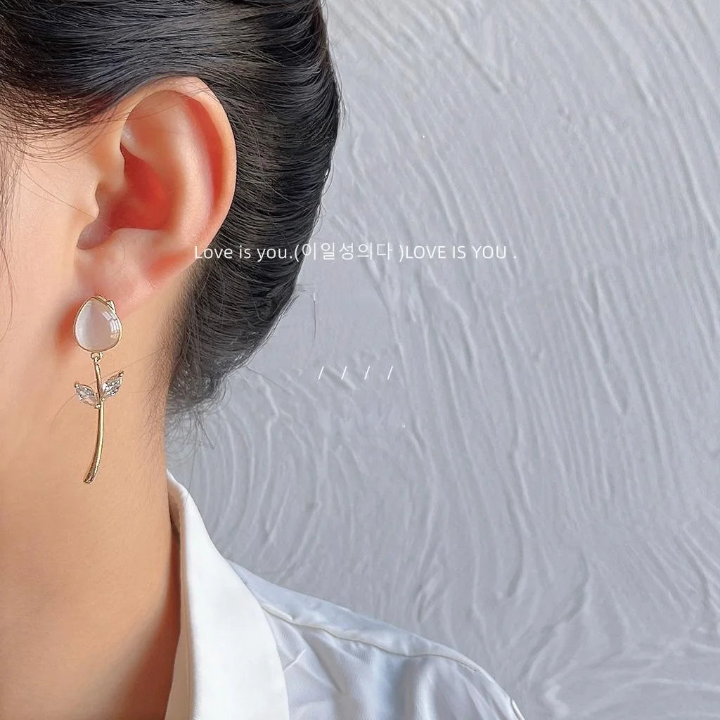 French Vintage Tulip Flower Drop Earrings Copper Glass Cat Eye Zircon Tassel Jewelry