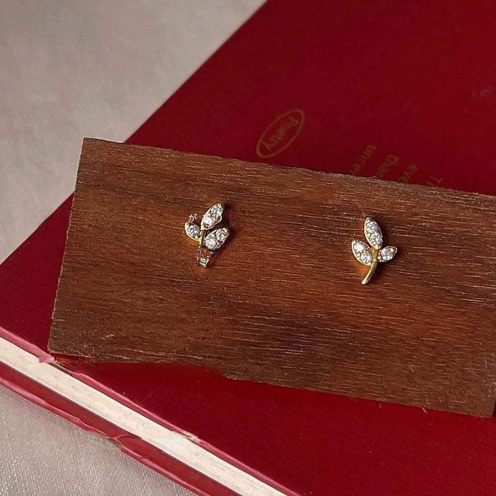 Minimalist Copper Micro Pave Zircon Olive Branch Leaf Stud Earrings For Women