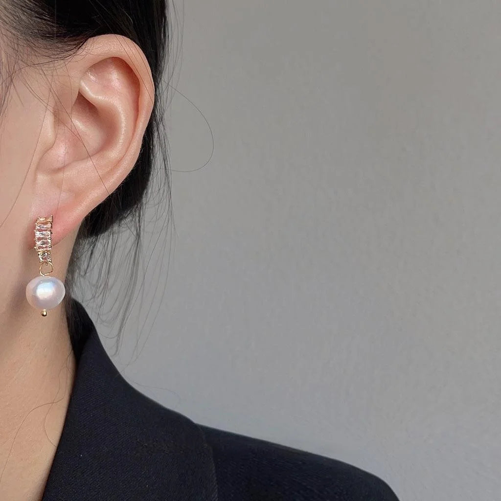 Light Luxury Irregular Freshwater Pearl Stud Earrings With Micro Pave Zircon Curved Copper Design