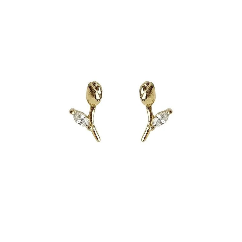 14K Gold Plated Copper Tulip Zircon Stud Earrings Minimalist Floral Style Jewelry