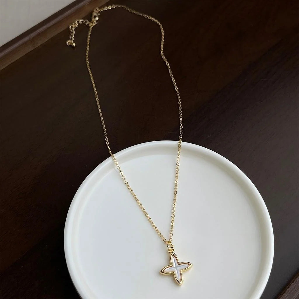 18K Gold Plated Shell Flower Star Pendant Necklace For Women, Minimalist Luxury Collarbone Chain
