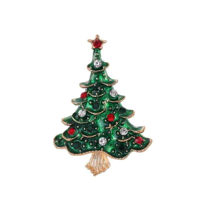 Elegant Green Enamel Christmas Tree Brooch With Rhinestones, Festive Alloy Lapel Pin Gift For Holiday Suits