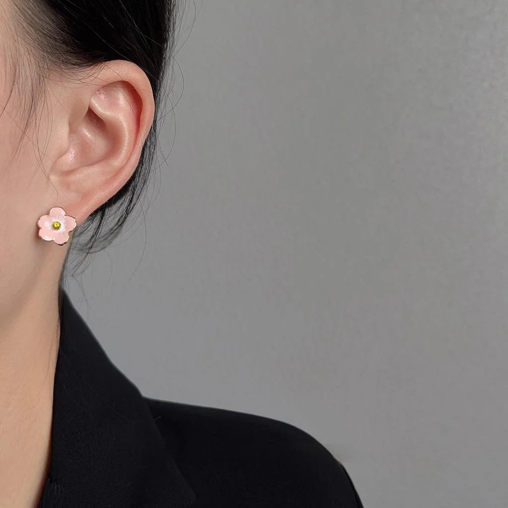 Sweet Asymmetric Pink Cherry Blossom Copper Stud Earrings 14K Plated Oil Drip Floral Jewelry