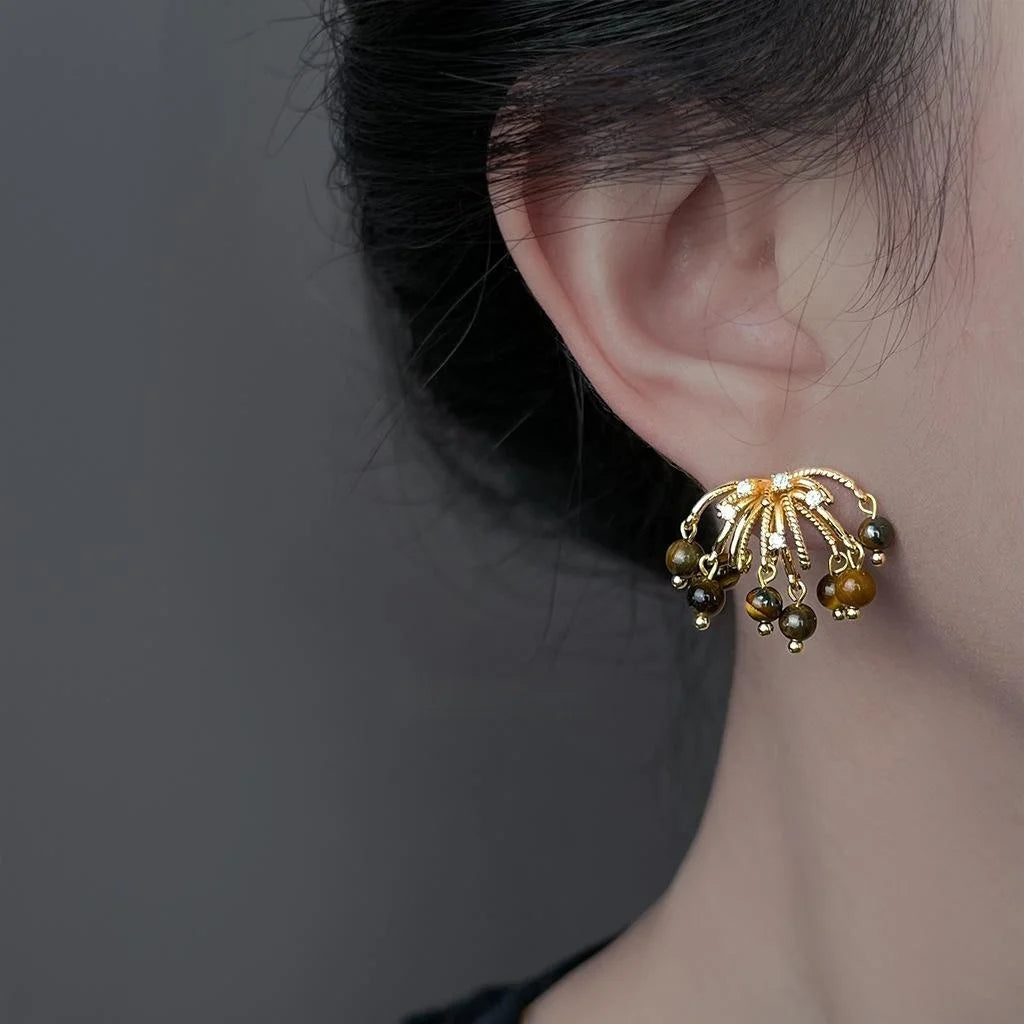 Maillard Style Silver Plated Copper Natural Tiger Eye Zircon Firework Tassel Drop Earrings