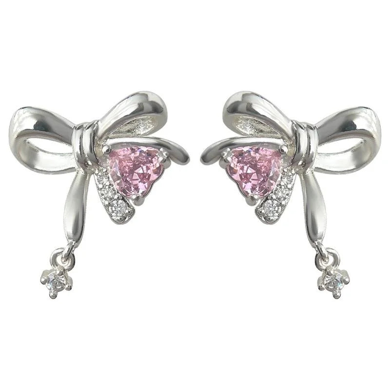 Sweet Cool Micro Pave Zircon Bow Heart Knot Stud Earrings Copper Fashion Jewelry