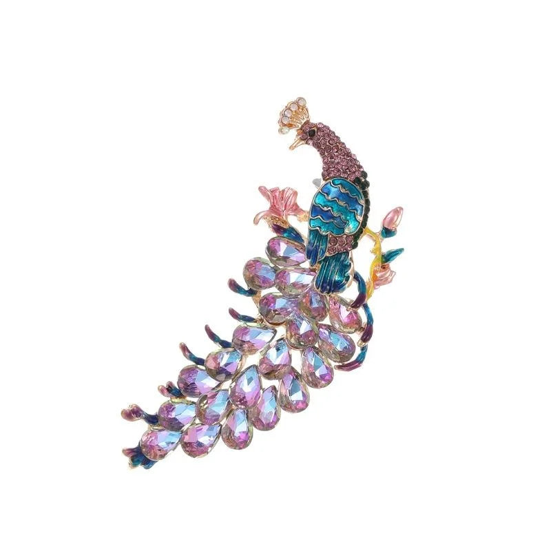 Luxury Full Rhinestone Peacock Feather Brooch With Enamel Detail, Elegant Animal Lapel Pin Gift