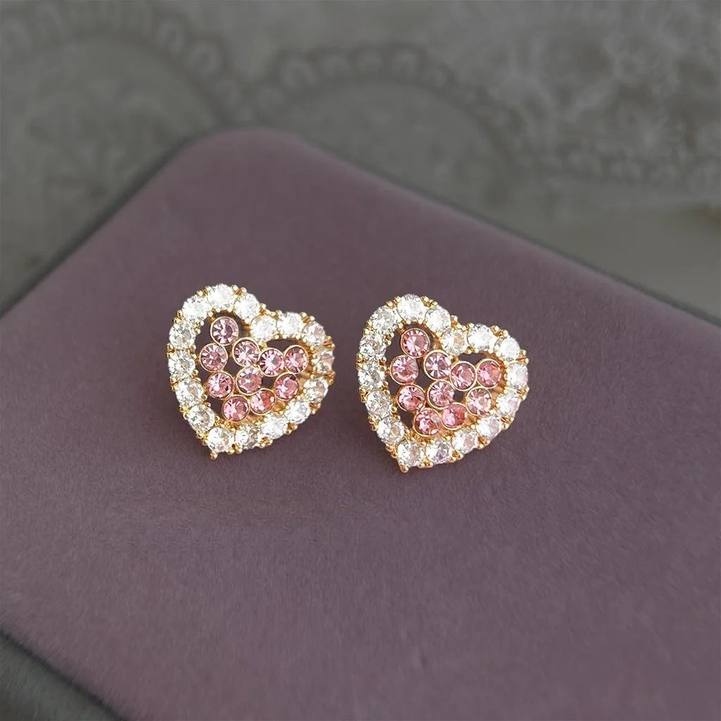 Elegant Pink Heart Zircon Copper 14K Plated Micro Pave Stud Earrings