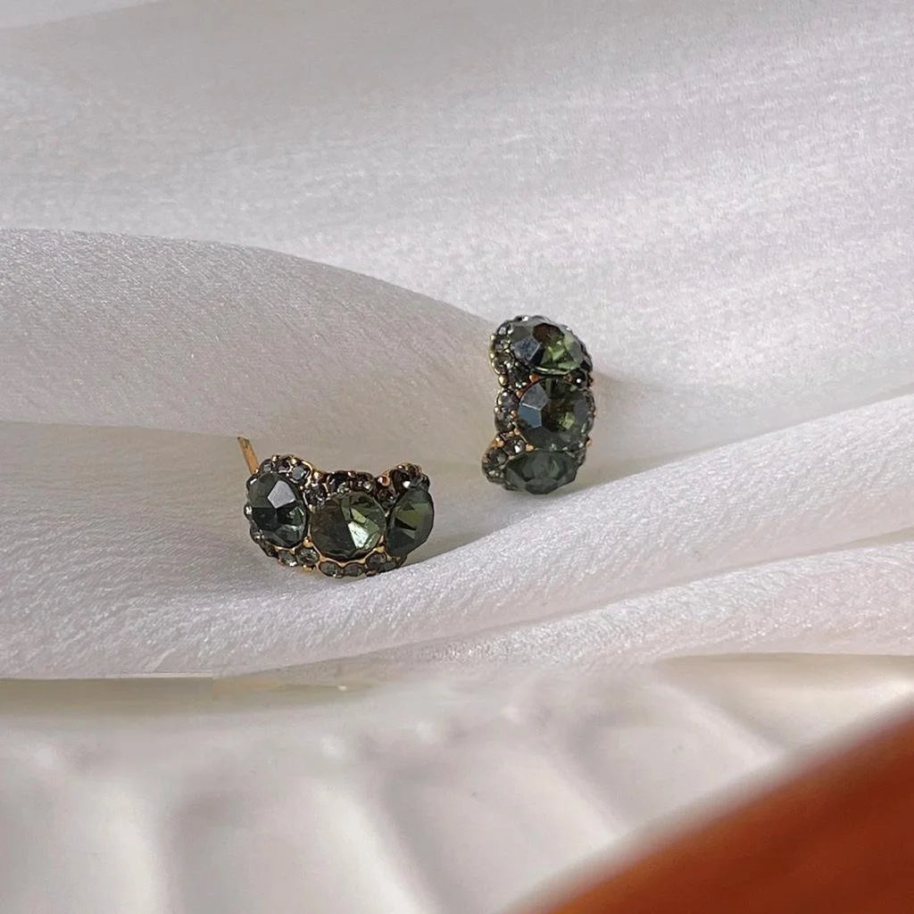 Antique Gold Plated Copper Geometric Ring Stud Earrings With Olive Green Crystal Accents