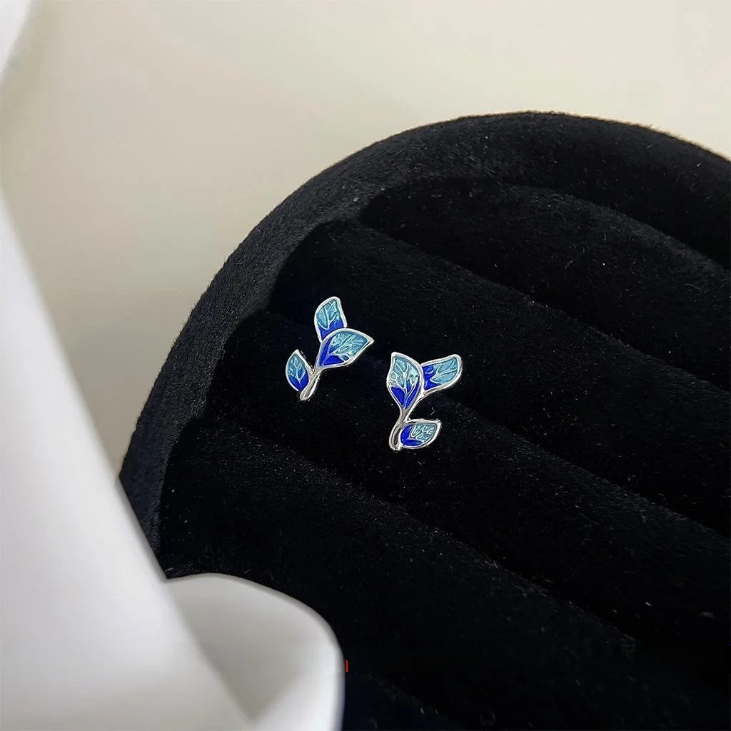 Copper Leaf Stud Earrings For Women, Simple New Chinese Cloisonne Color Commuter Jewelry