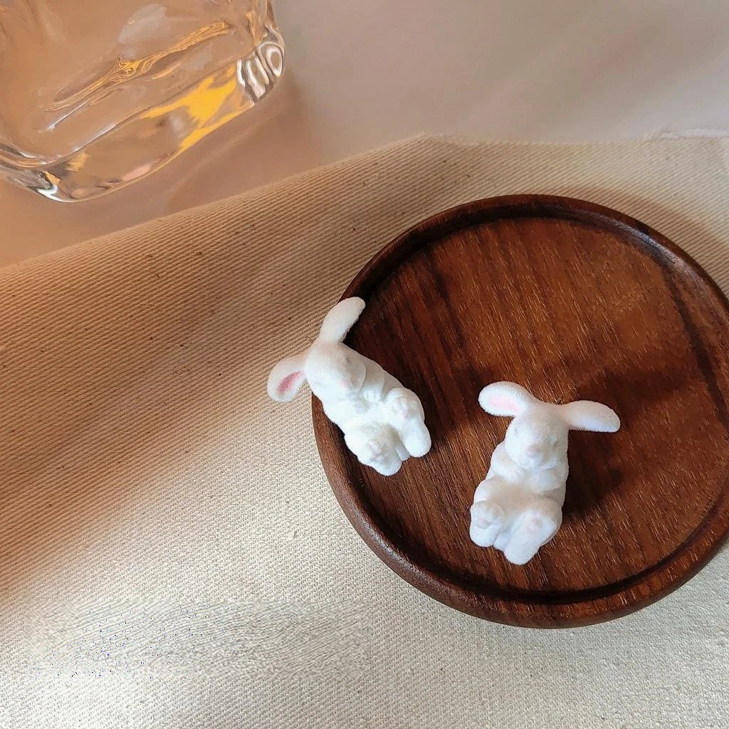 Cute Flocked Resin Rabbit Stud Earrings With Silver Plated Pins, Korean Sweet Girl Winter Jewelry