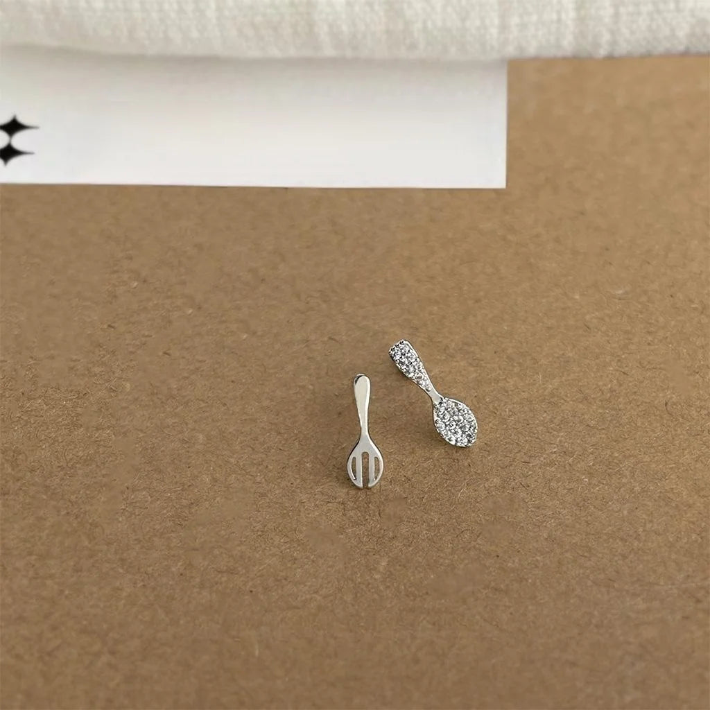 Cute Asymmetric Spoon Fork Stud Earrings Copper Micro Pave Zircon Mini Jewelry