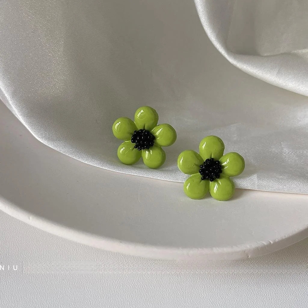 Avocado Green Flower Stud Earrings Silver Plated Alloy Korean Japanese Fresh Forest Style