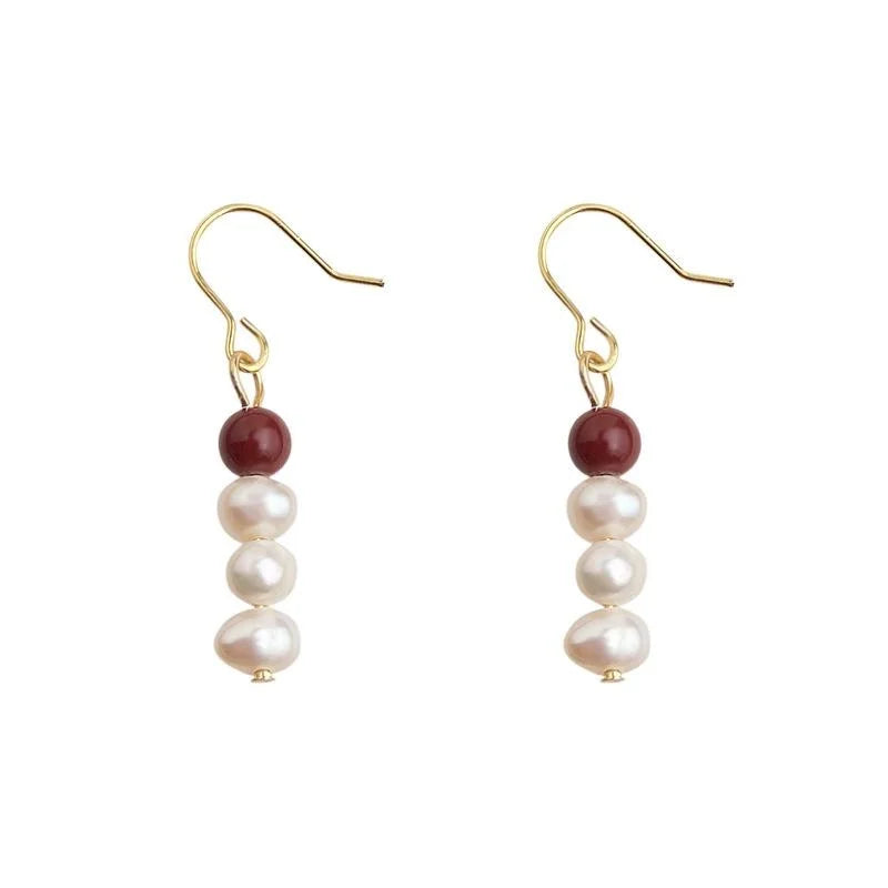 Handmade Ethnic Vintage Freshwater Pearl And Red Agate Round Geometric Drop Earrings