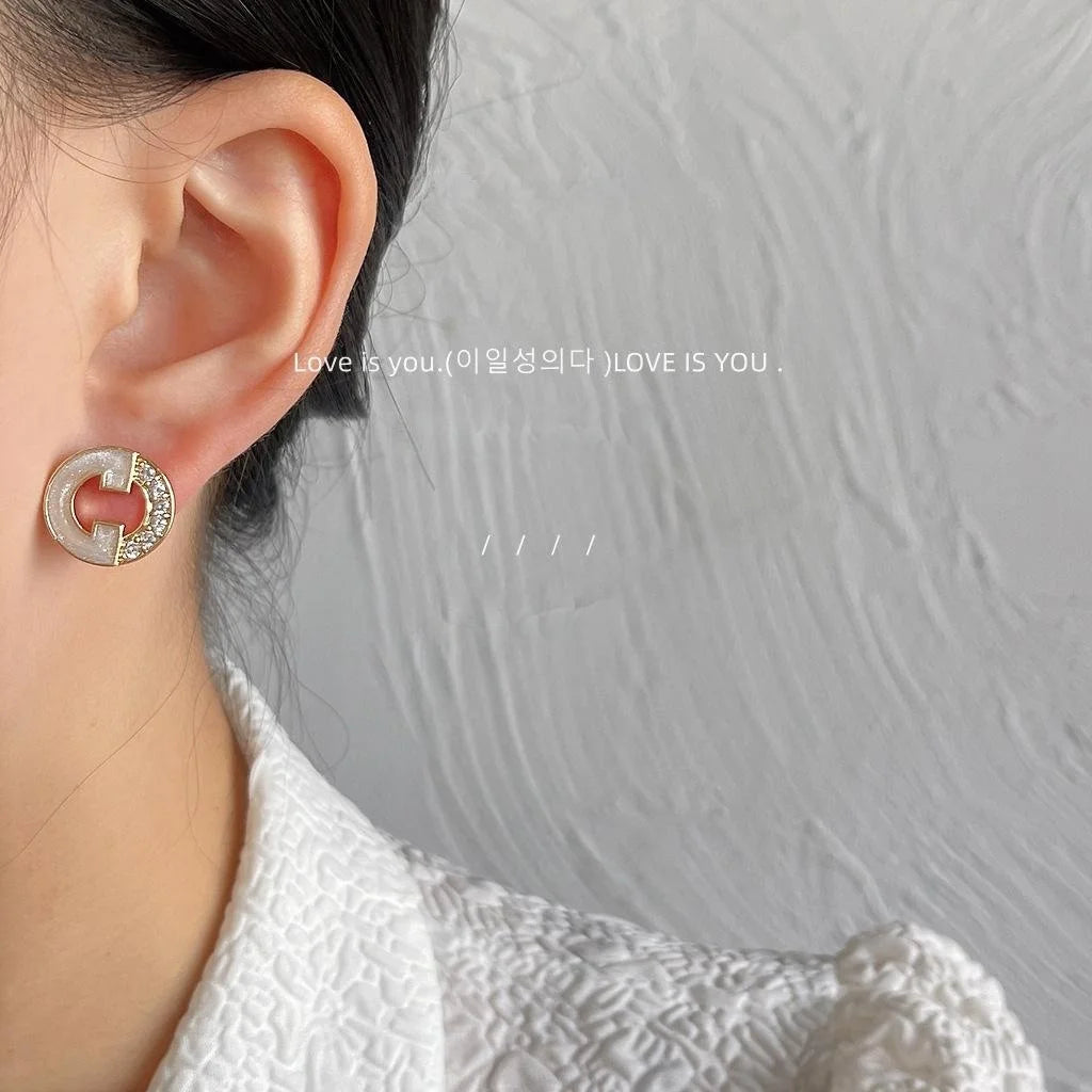 French Style Micro Pave Zircon Hollow Letter Round Copper Stud Earrings
