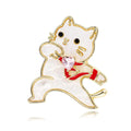 Cute White Enamel Cat Brooch With Pink Heart Rhinestone, Gold Alloy Lapel Pin Corsage Gift