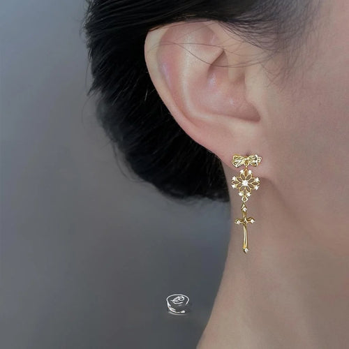 14K Plated Copper Hollow Lace Cross Bow Drop Earrings Old Money Floral Designer Jewelry