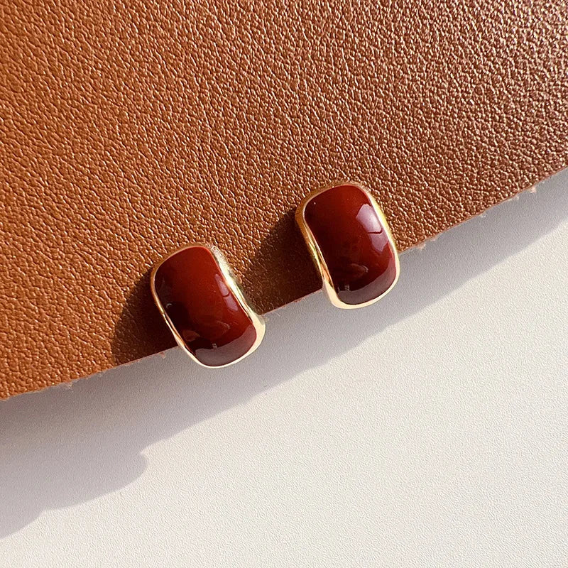 Elegant Red Enamel Geometric Rectangle Alloy Stud & Clip On No Piercing Minimalist Earrings