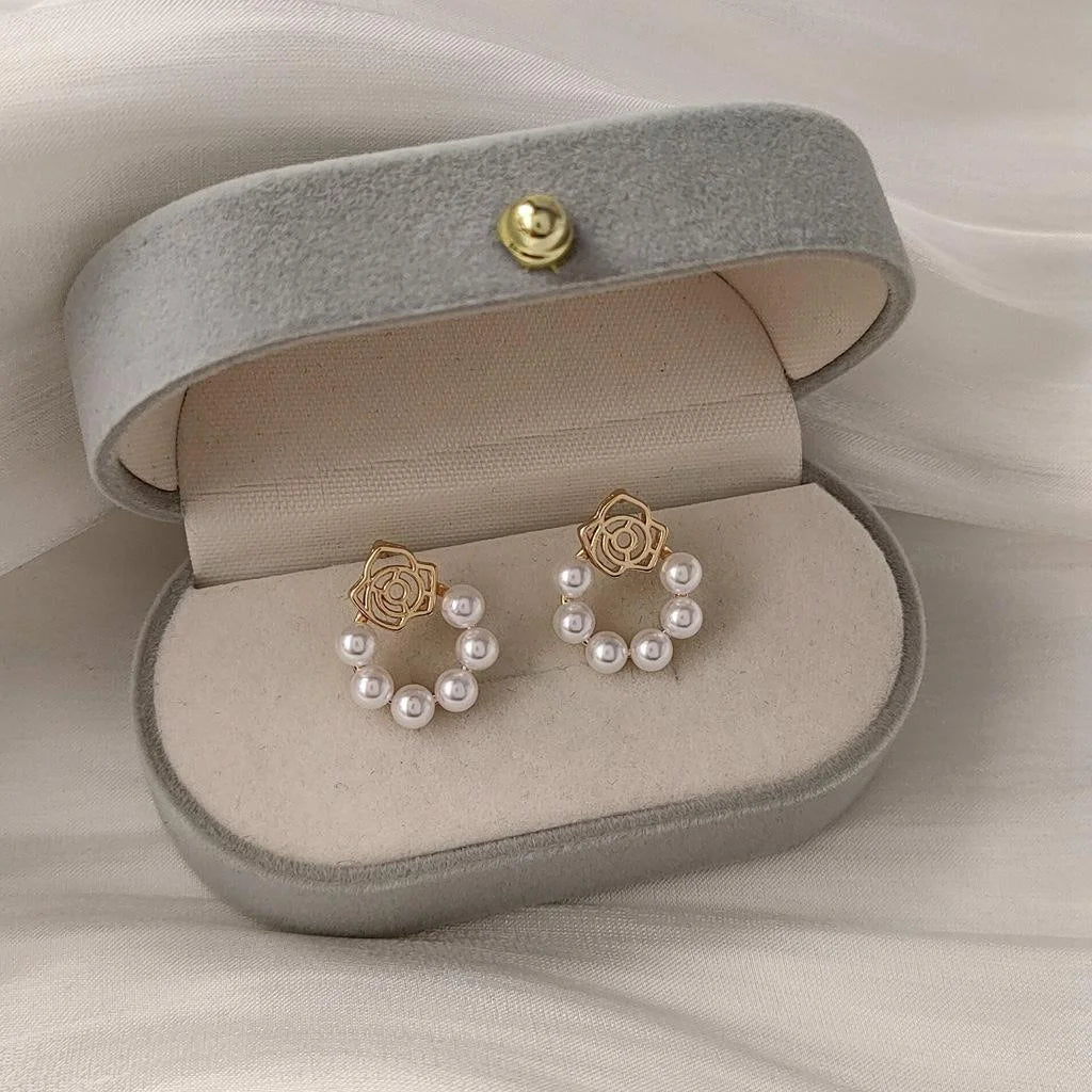 14K Gold Plated Copper 3D Hollow Rose Pearl Stud Earrings For Women Japanese Korean Style