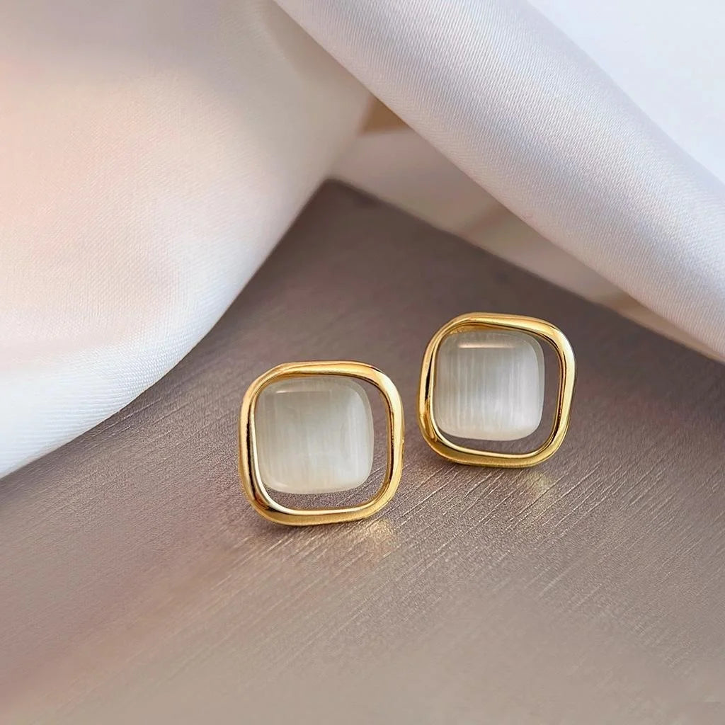 French Luxury Style 14K Plated Copper Glass Cat Eye Stone Square Geometric Stud Earrings