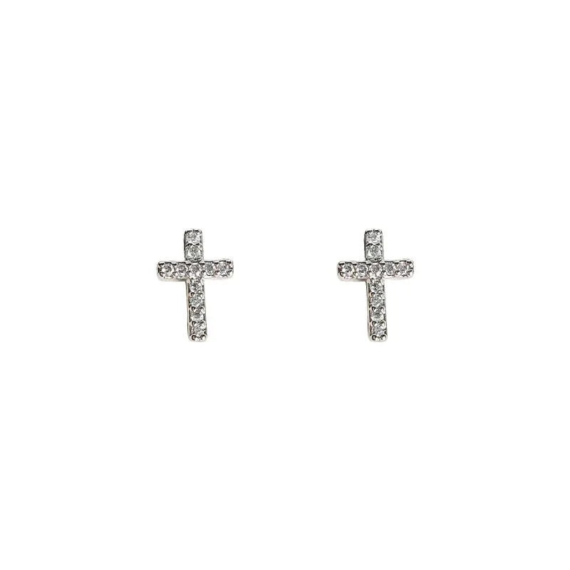 Minimalist Copper Micro Pave Zircon Cross Stud Earrings For Women, Mini Geometric Jewelry