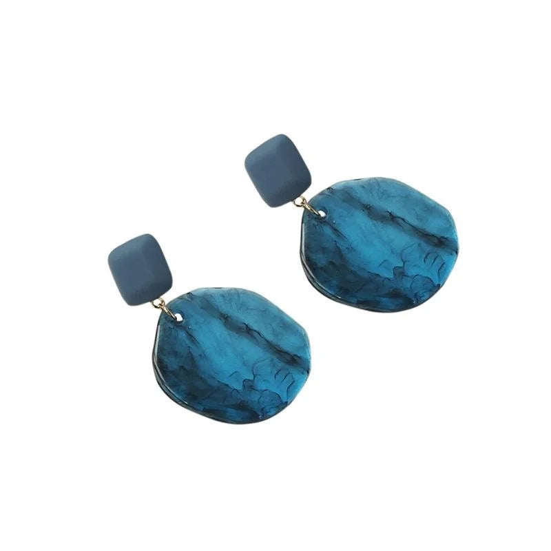 Vintage Glacier Blue Cloud Mist Semi Transparent Resin Oval Drop Earrings With Silver Plated Pins