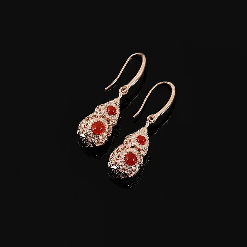 Elegant Hollow Red Agate Gourd Rhinestone Alloy Stud & Clip On No Piercing Drop Earrings