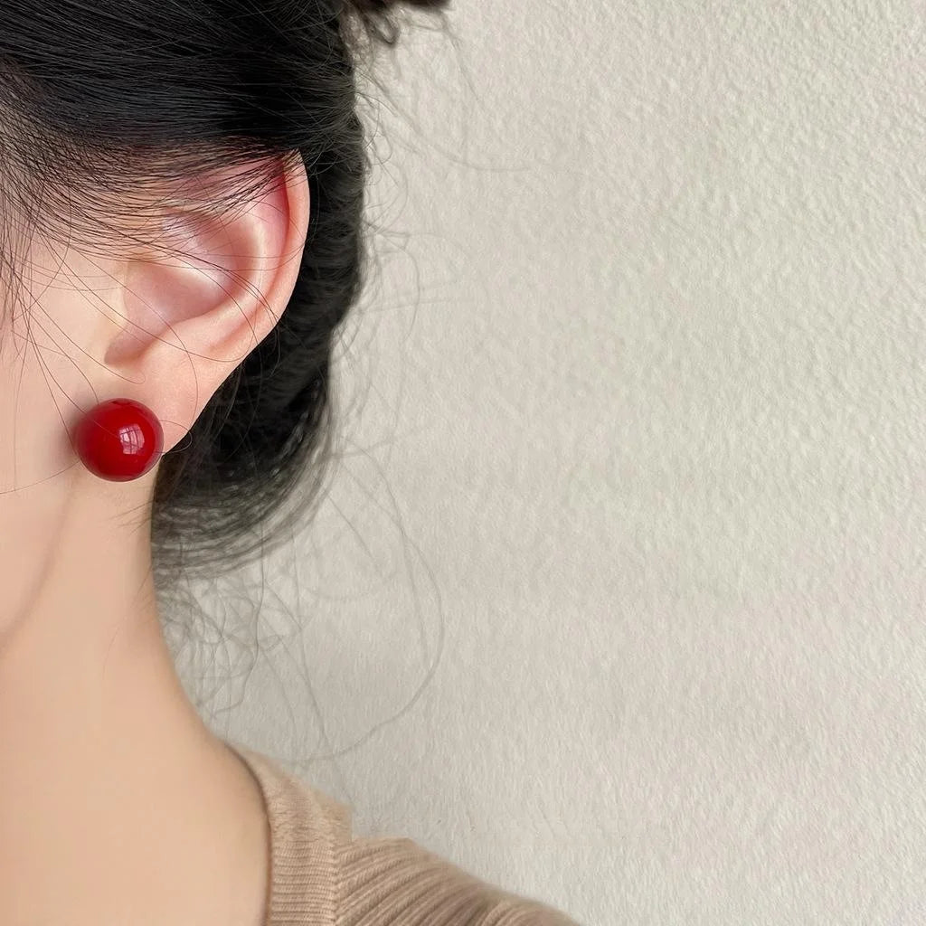 Burgundy Vintage Hong Kong Style Round Glass Pearl Copper Stud Earrings