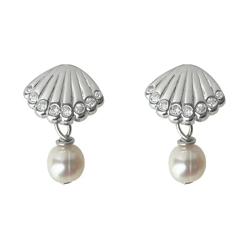 2025 New Style Geometric Shell Freshwater Pearl Zircon Copper Drop Earrings With Silver Plated Pins
