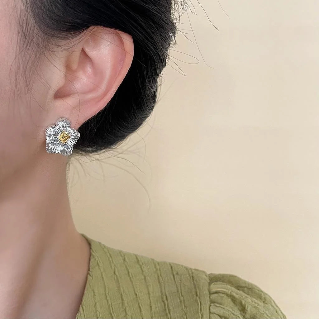 Two Tone Plated Eco Copper Textured Gardenia Flower Stud Earrings Sweet Cool Commuter Jewelry