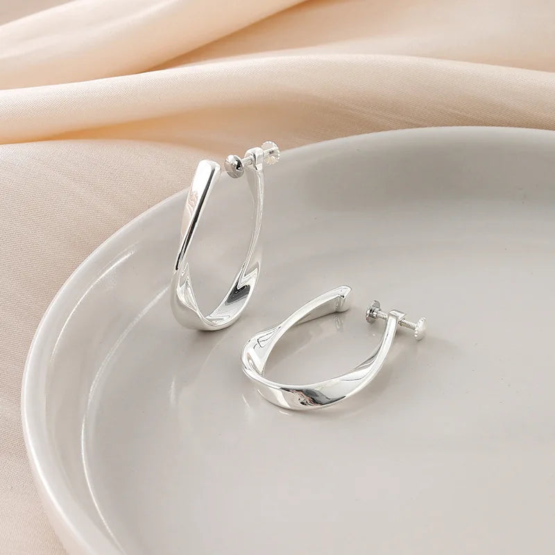 Elegant Silver Alloy Twisted Hoop Stud & Clip On No Piercing Minimalist Spiral Ear Cuff Earrings