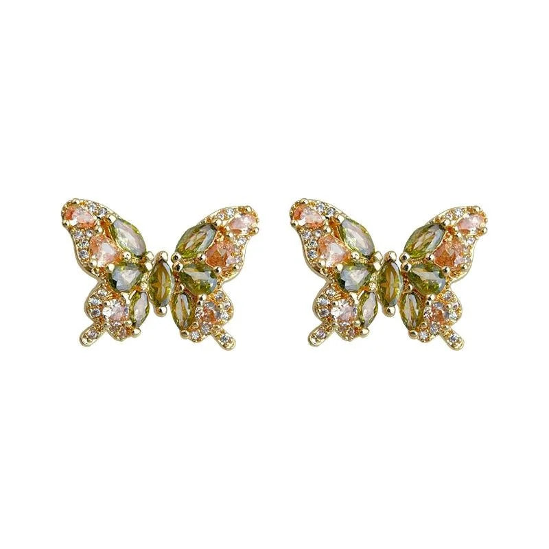 Sparkling Full Zircon Butterfly Stud Earrings Silver Plated Copper Forest Sweet Summer Jewelry
