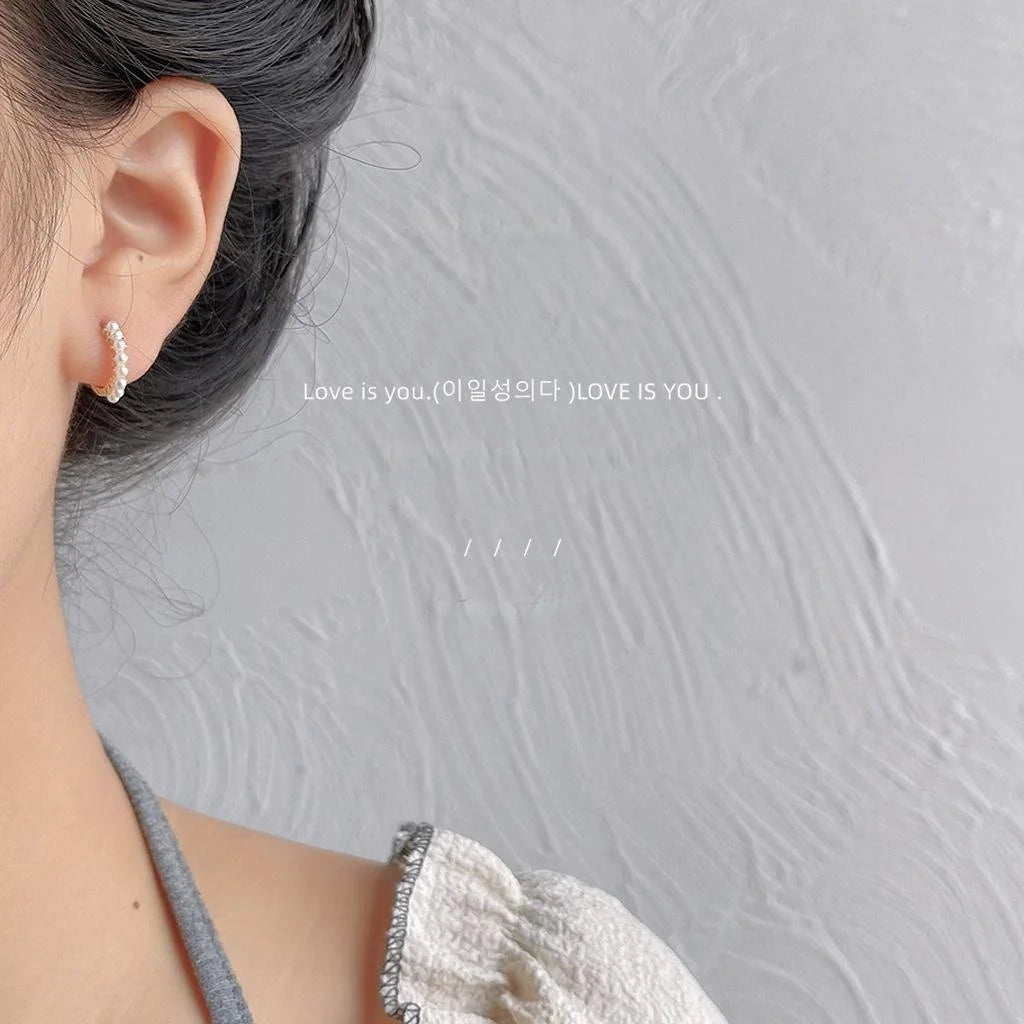 French Elegant Copper Pearl Hoop Earrings, Minimalist Small Beaded Round Jewelry