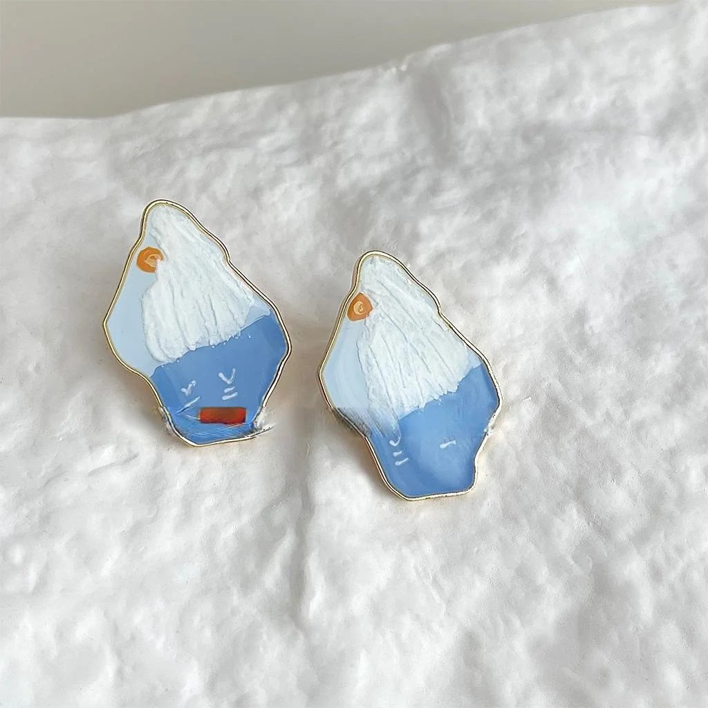 Handmade Enamel Mt Fuji Oil Painting Irregular Geometric Copper Stud Earrings
