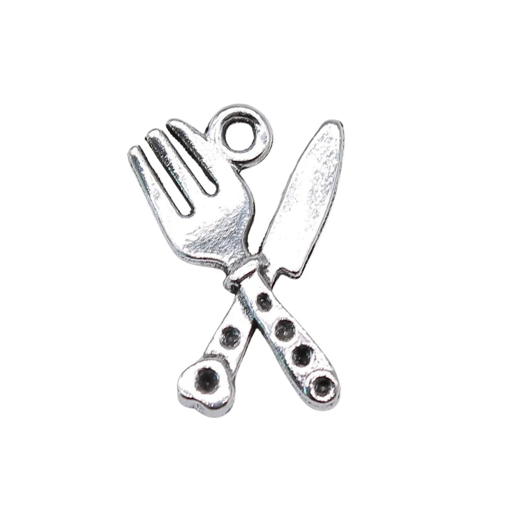 20x14mm 1.2g Antique Silver Zinc Alloy Cutlery Knife Fork Charm Pendant for Food Theme Jewelry Making