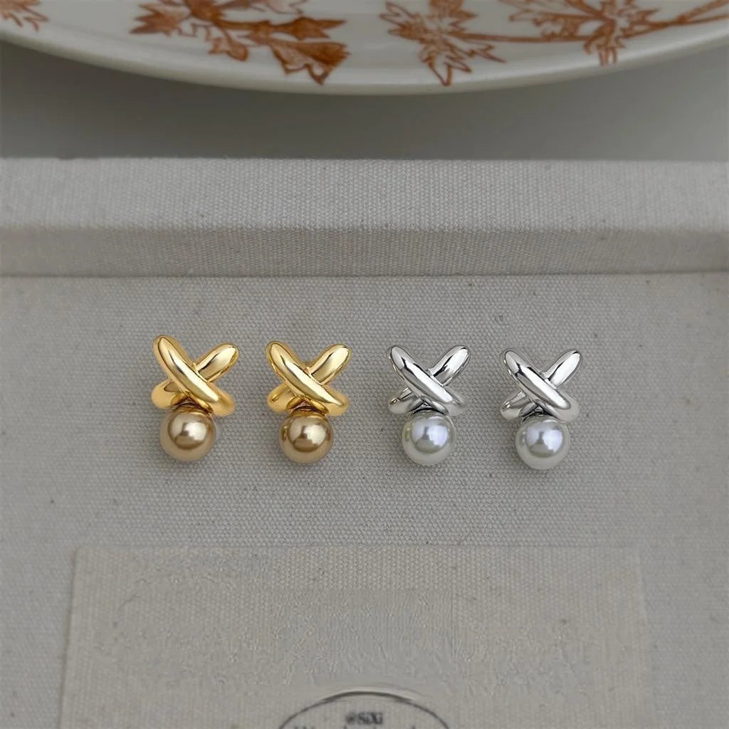 14K Plated Eco Copper Glass Pearl Stud Earrings, Minimalist Floral Line Fashion Jewelry