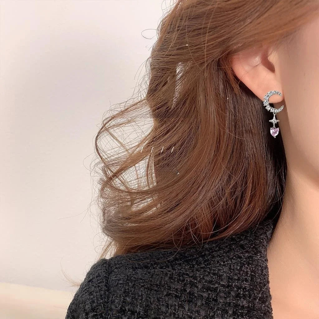 Sweet Asymmetric Moon Heart Star Zircon Micro Pave Copper Stud Earrings For Women