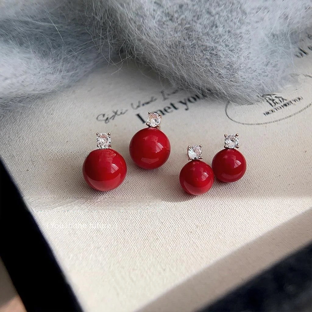 Elegant Glass Pearl Stud Earrings With Round Zircon, Copper Light Luxury Jewelry