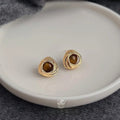 Maillard Style Copper Tiger Eye Stud Earrings Vintage Round Geometric Line Design