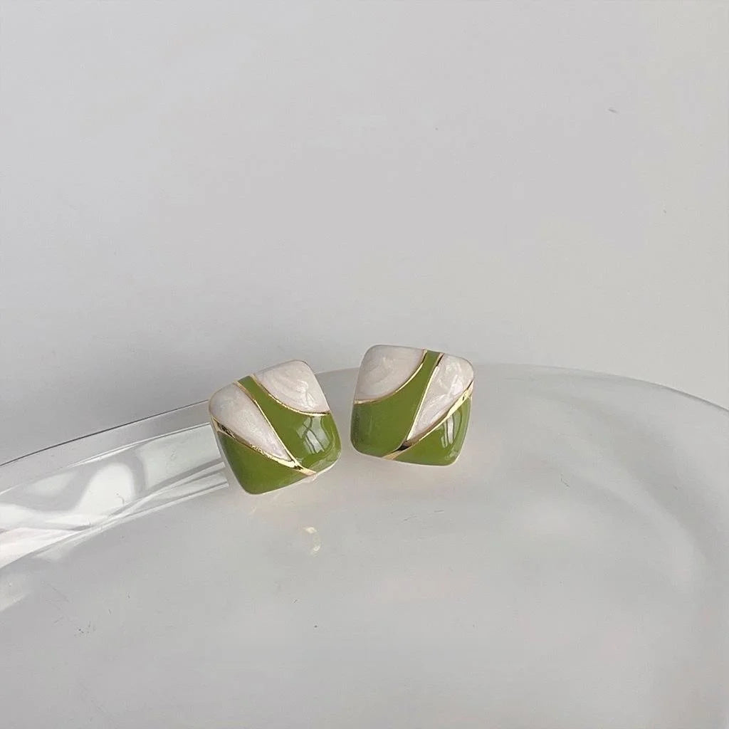 Forest Style Green Geometric Square Copper Stud Earrings French Minimalist Commuter Jewelry