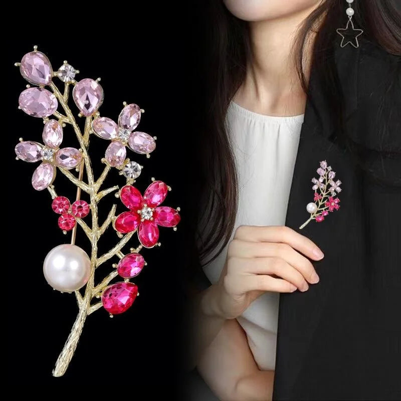 Elegant Colorful Flower Branch Brooch With Pearl Rhinestone Alloy Leaves, Women's Lapel Pin Corsage Gift