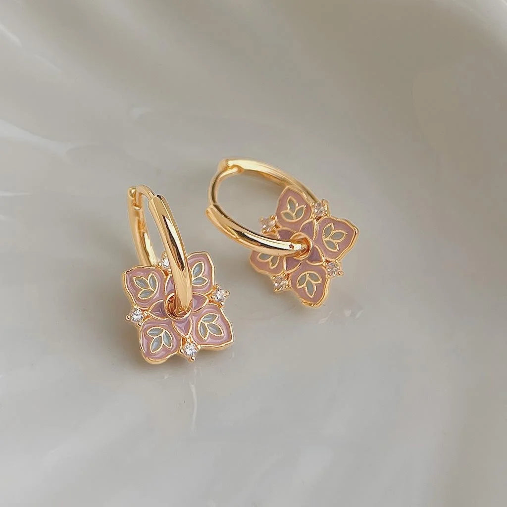 New Chinese Style Vintage Floral Enamel Copper Micro Pave Zircon Drop Earrings