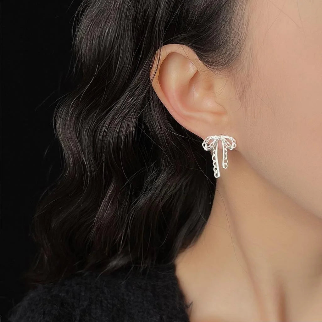 Sweet Lolita Lace Bow Copper Drop Earrings With Matte Silver Plated Pins